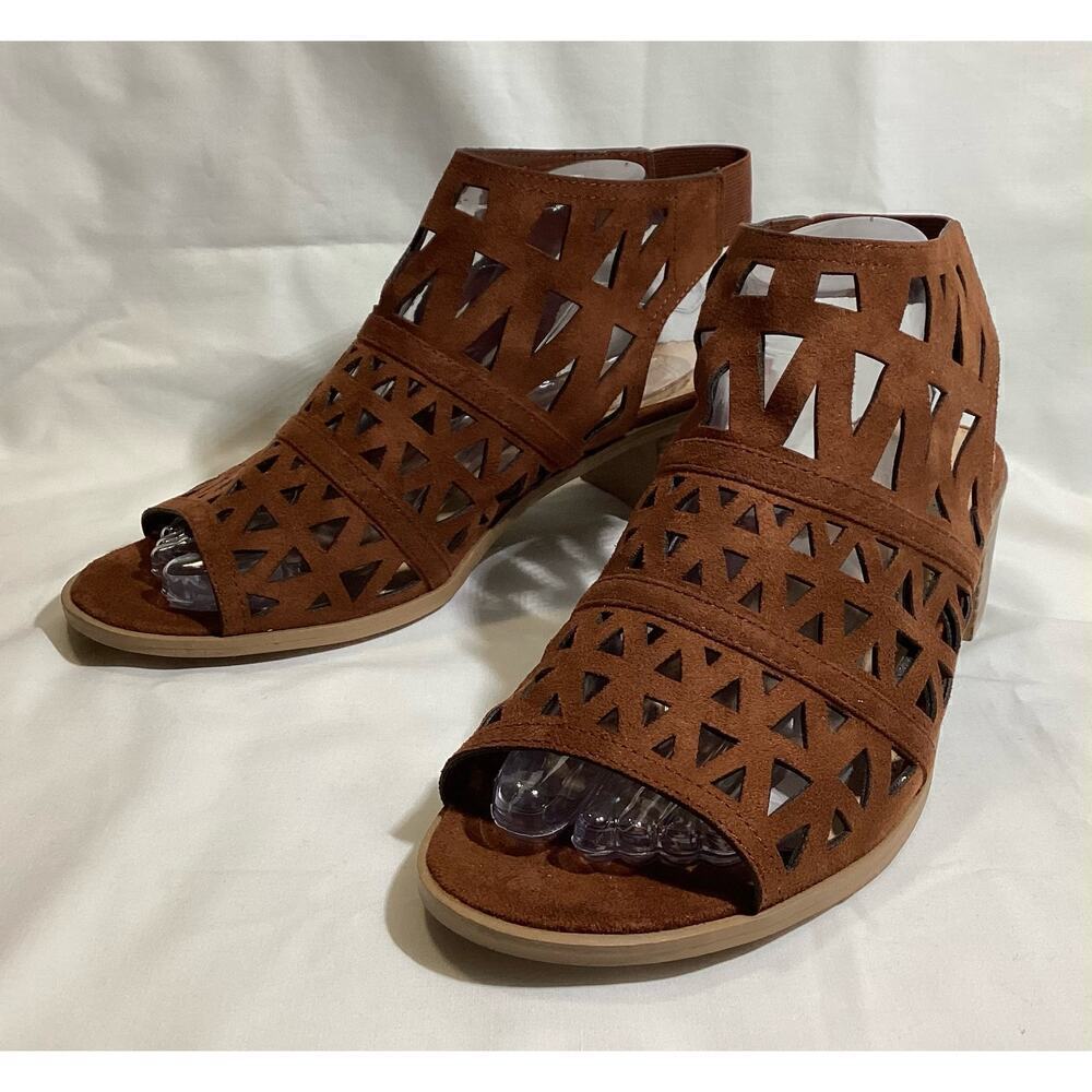 American eagle perforated cutout dress sandal in coniac suede